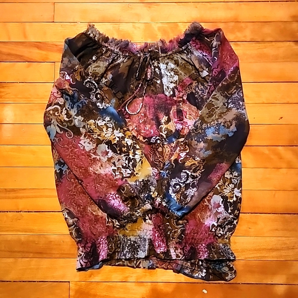 Sheer blue, pink, brown, cream blouse